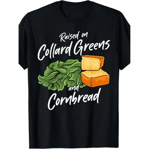 Retro Southern Cuisine TShirt Featuring Collard Greens and Cornbread Casual Round Neck Tee Perfect for Bbq Picnics and Casual Wear