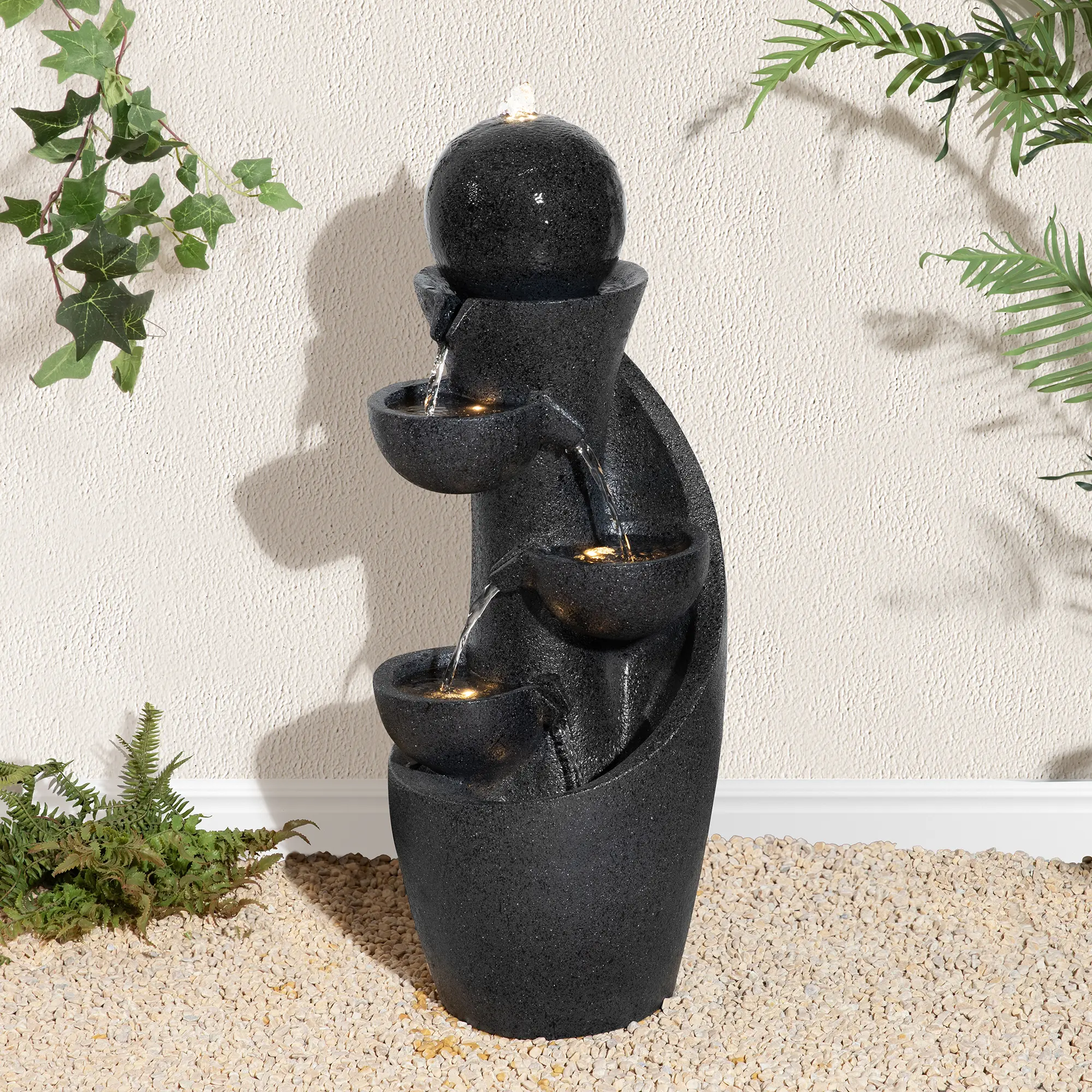 Glitzhome Curved Contemporary 5-Tier Polyresin Outdoor Fountain with Built-In Pump, LED Lights, Ambient Sound, 11.75"l x 11.75"w x 33.5"h, 17.6 lbs, Suitable for Both Indoor/Outdoor Use (KD), Pump Built-In