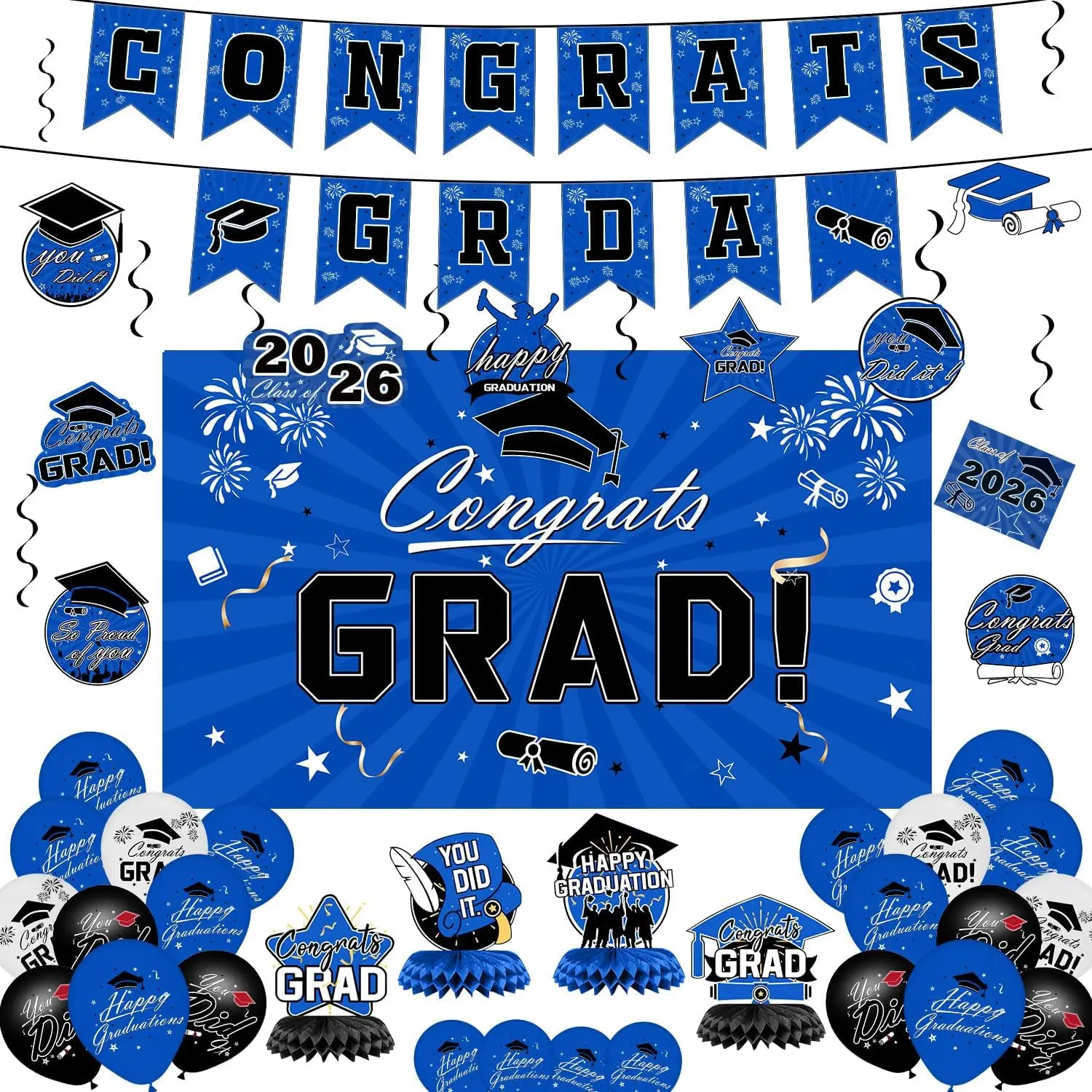 2026 Blue Elegant Metallic Graduation Decorations Complete Set - Class of 2026 Kit with Balloon Decor, Congrats Grad Banner, Photo Backdrop, Hanging Swirls, Latex Balloons, Black Accents, Graduation Cutout Accents, 10pc Honeycomb Set for High School Grads
