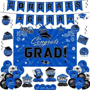 Graduation Decorations 2026 Set - Blue Themed Congrats Grad Banner, Backdrop, Hanging Swirls, Balloons - Complete Party Supplies for High School, College Graduation Decorations