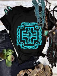 Casual Streetwear Women's T-Shirt, Womenswear 2026 New Western Graphic Print, Round Neck Short Sleeve Printed Top , 2-Way Layering/Solo Wear ,Spring Summer & Year-Round Commute-Ready