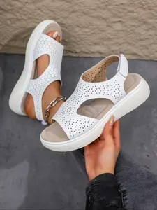Fashionable Breathable Mesh Design Platform Sandals, White Sandals, Casual Comfortable Slingback Sandals for Summer, Lightweight Breathable Shoes for Daily Wear, Girl, Wedges Sandals