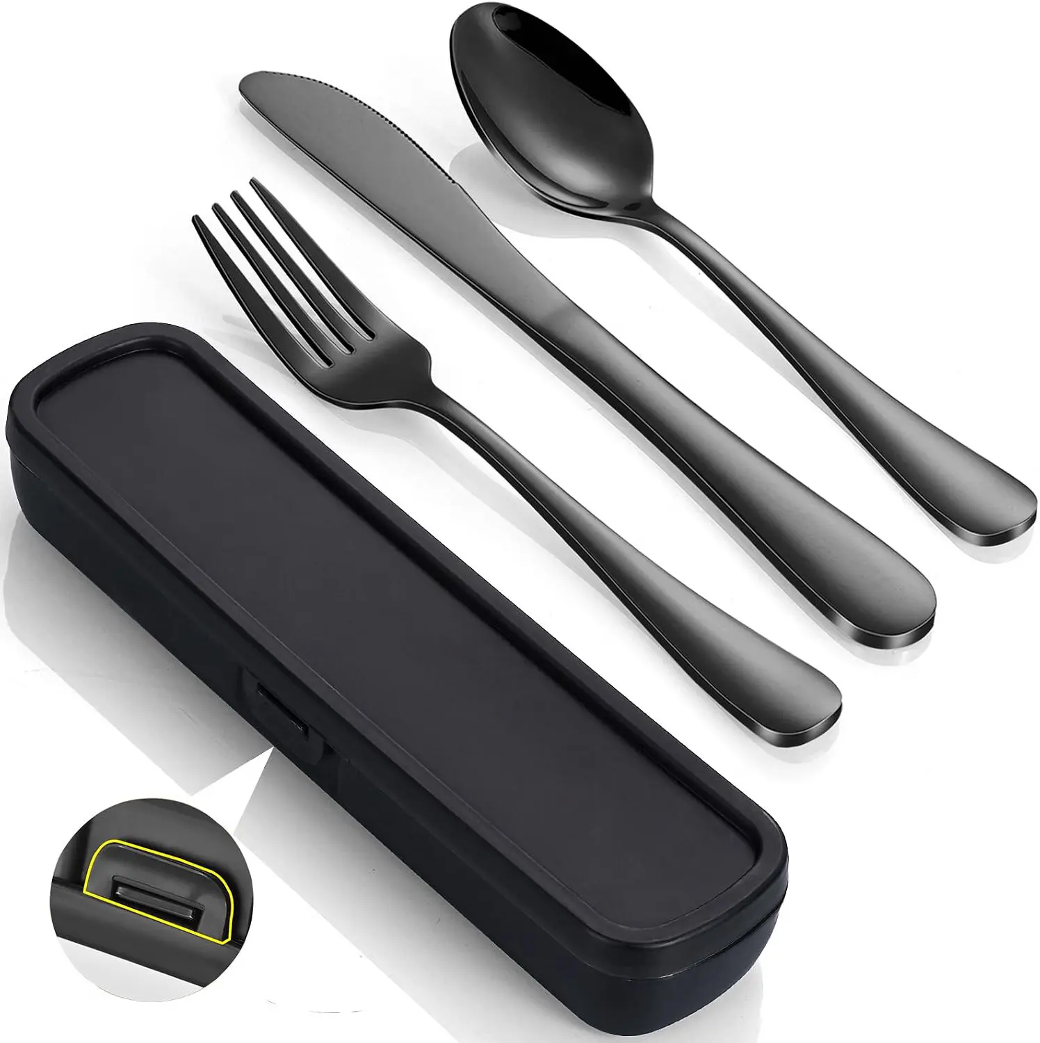 4-Piece Stainless Steel Travel Picnic Cutlery Set with Compact Storage Reinforced Buckle Case, Includes Cutlery (Fork, Spoon, Knife), Dishwasher Safe, Black for Camping, Work, Schools