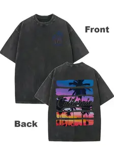 Men's Vintage Washed Cotton T-Shirt, Sunset Coconut Grove Print, California Style Double Sided Graphic Tee, Retro Streetwear, Perfect for Spring Summer Daily Wear