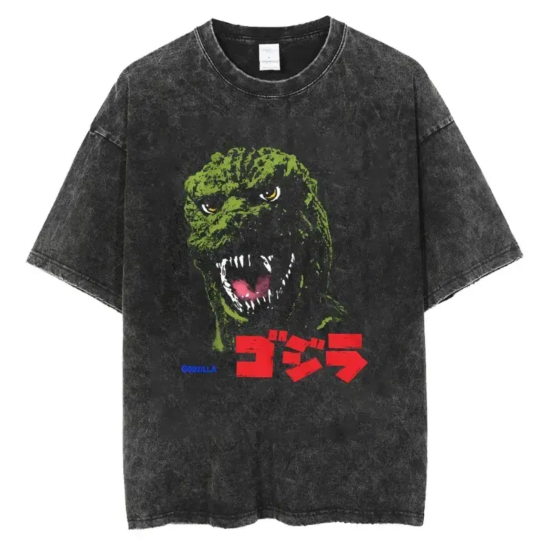 Men's Vintage Washed Godzilla T-Shirt - Unisex Oversized 100% Cotton Streetwear with Double-Sided Kaiju Print, Relaxed Retro Fit