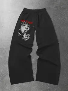 Unisex "Keep It Quiet" Graphic Wide-Leg Sweatpants – Black/White/Red Print, Goth Streetwear Aesthetic, Soft Cotton Blend, Relaxed Drawstring Fit, Perfect for Goth & Street Style Fans, Durable High-Quality Print, Ideal for Daily Wear/Outings