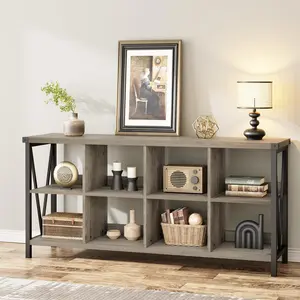 GARVEE 8-Cube Bookshelf, 62" Long 3 Tier Console Table, Industrial Storage Bookcase, Freestanding Open Book Shelves for Bedroom Living Room Office(Grey)