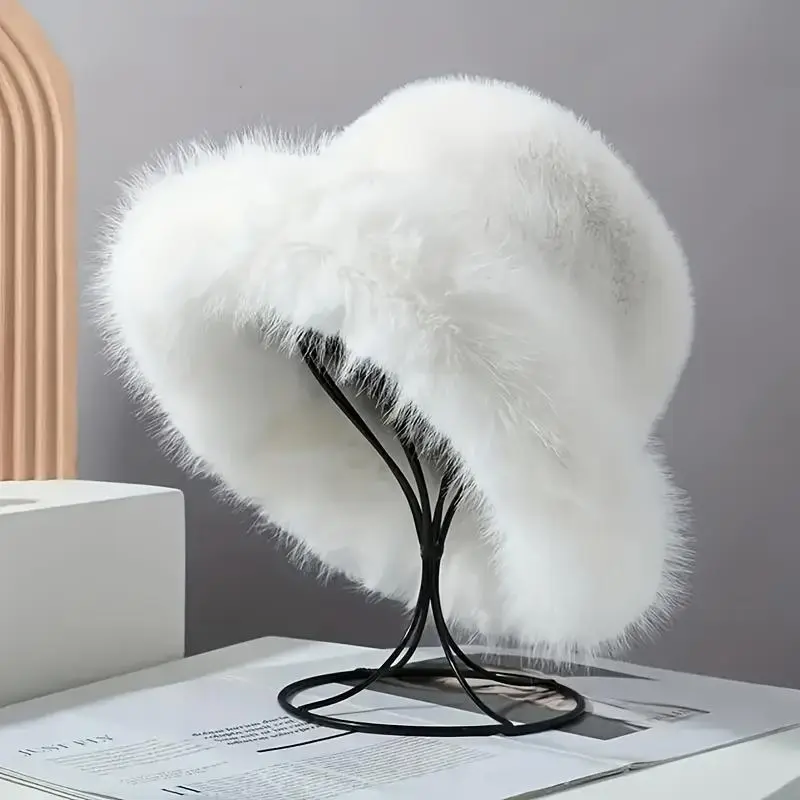 Thickened Cold Snow Weather Panama Hat Big Fluffy Faux Fur Hat For Women, Warm Winter Bucket Hat, Luxurious Plush Fisherman Hat