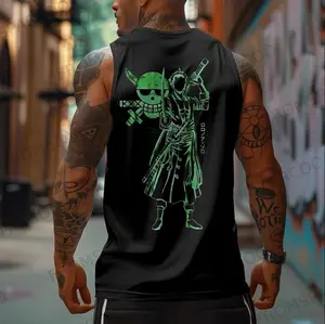 Sleek Zoro silhouette tank top with Straw Hat skull detail – minimalist anime streetwear for fans of precision, power, and the three-sword legend