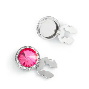 Men's Silver/Rose Button Cover Cuff-Link With Crystal Stud Centered Surrounded By Crystal Studs