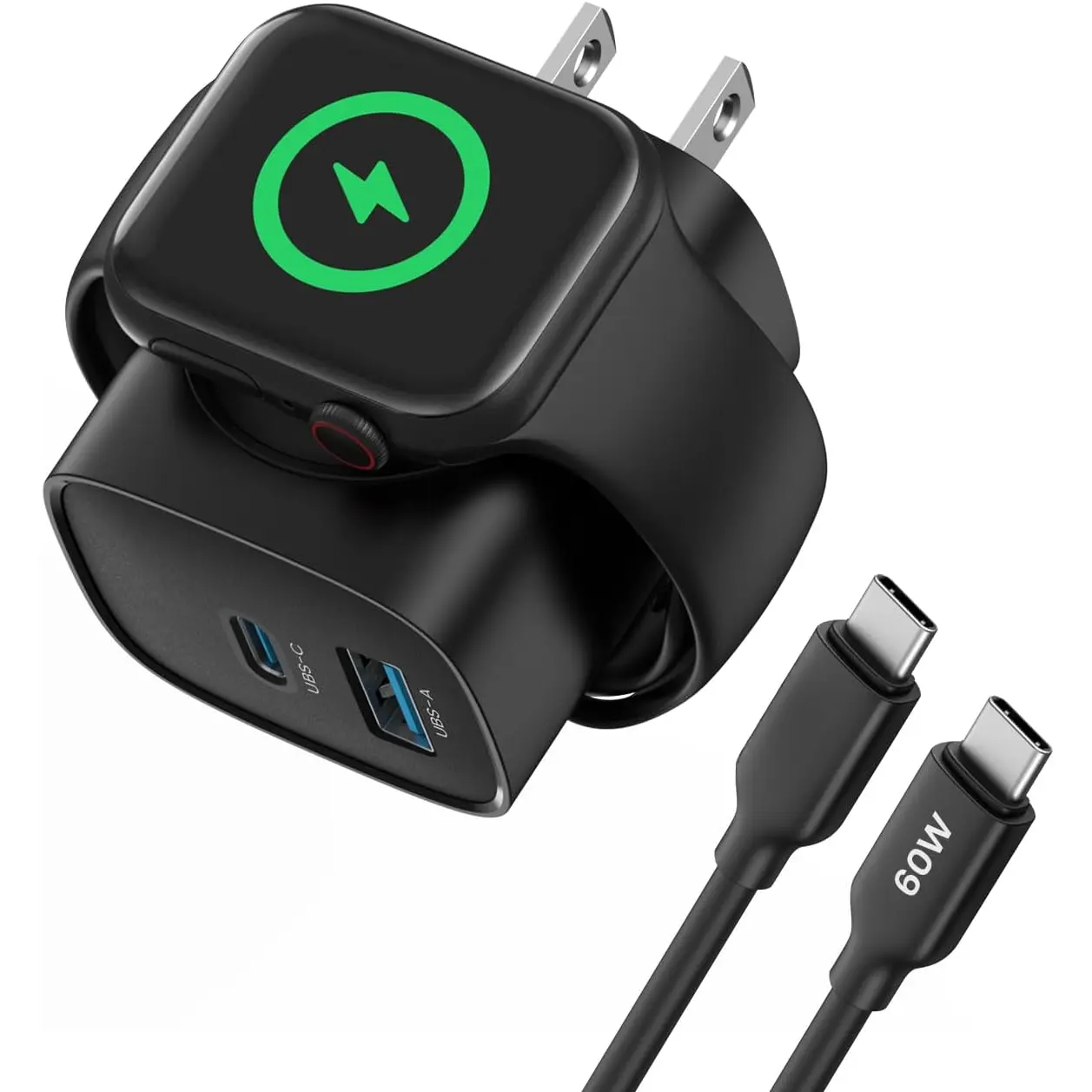 TechPro 20W  Block Watch Charger 3 in 1 PD USB C Wall Charger Block for iWatch Series Ultra/9/8/7/6 Compatible with 16/16 Pro/15 Series Black