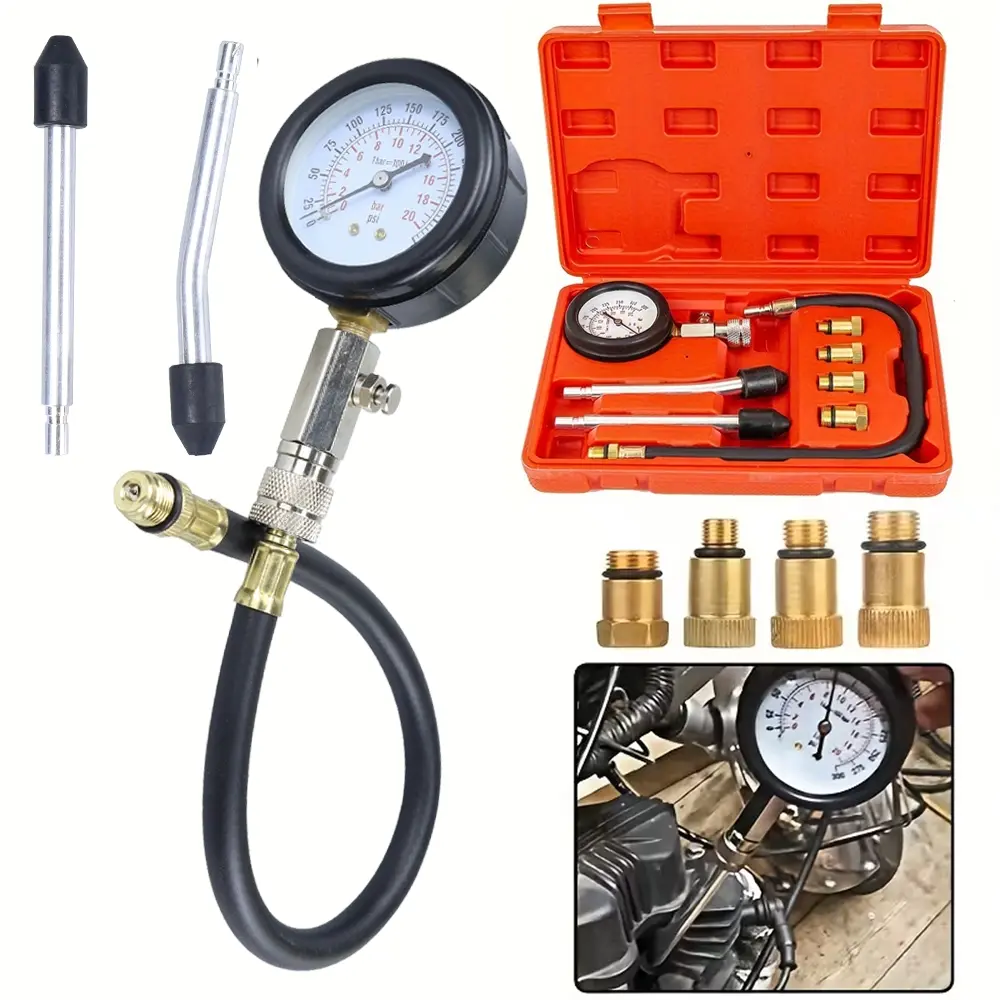 Car Cylinder Compression Tester Kit, Automotive Diagnostic Tool, Gas Engine Pressure Gauge with M10 M12 M14 M18 Adapters, Compression Tester for Gasoline Engines, for Car Motorcycle Boat Engines Testing