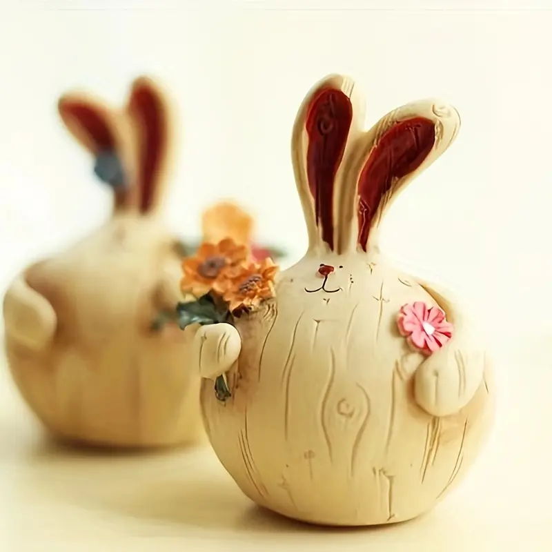 Room Decor 1 Pair Easter Bunny Figurines, Rustic Style Resin Rabbit Decorations, Chubby Bunny Crafts, with Flower Picking Design, for Home Decor, Easter Gift Accessories Ornaments
