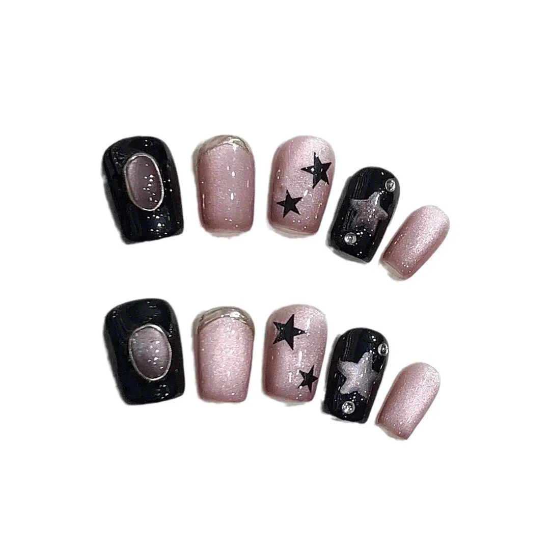 Reusable Acrylic Press-On False Nails Set, Customized Design with Hand-Drawn Graffiti, Embossed Details, Trendy "It Girl" Style Gradient Halo Effect, Nail Art Stickers Compatible, Customized Nails