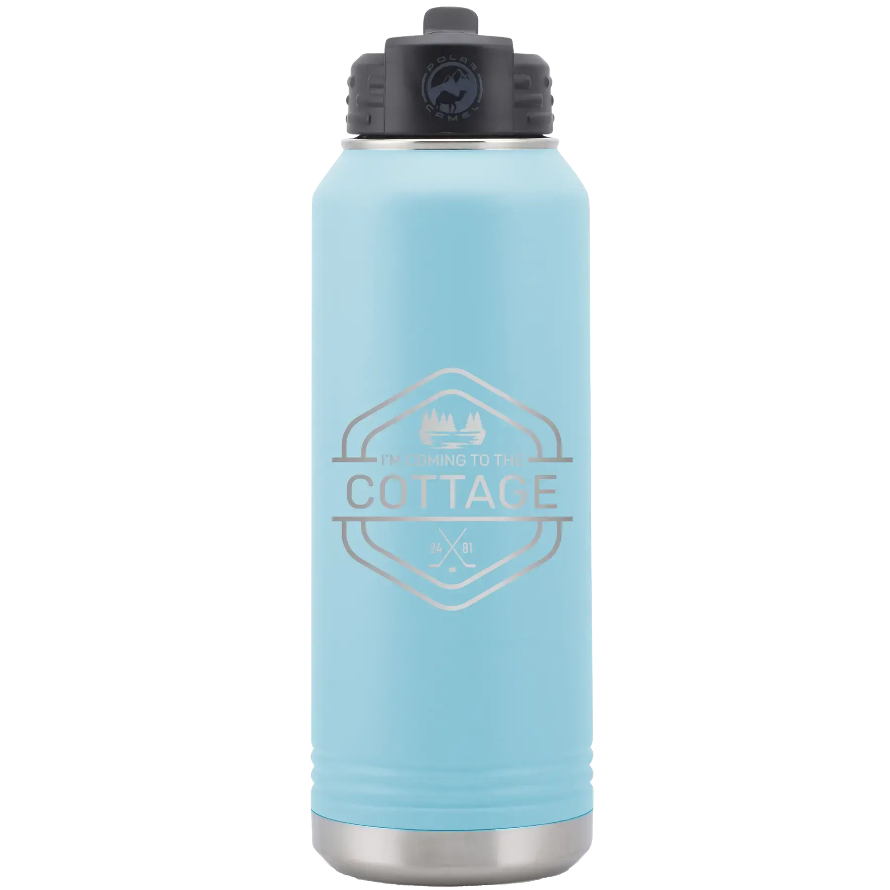 Personalized I'm Coming to the Cottage (Trees) 32 oz Water Bottle | Light Blue