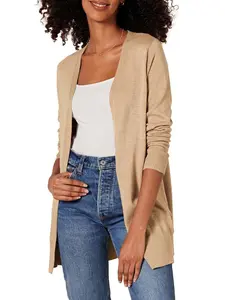 2025 Autumn Winter Women's Lightweight Wool & Cotton Cardigan Mid-Length Neutral Color Regular Fit Long Sleeve Ribbed Detail Knitwear Sweater