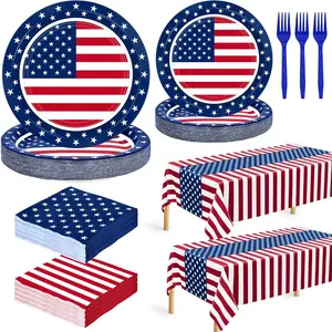 122 PCS Fourth of July Decorations, Patriotic Plates and Napkins, Disposable Fourth of July Paper Plate and Napkin Tablecloth Forks, American Flags Design Memorial Day Party Supplies