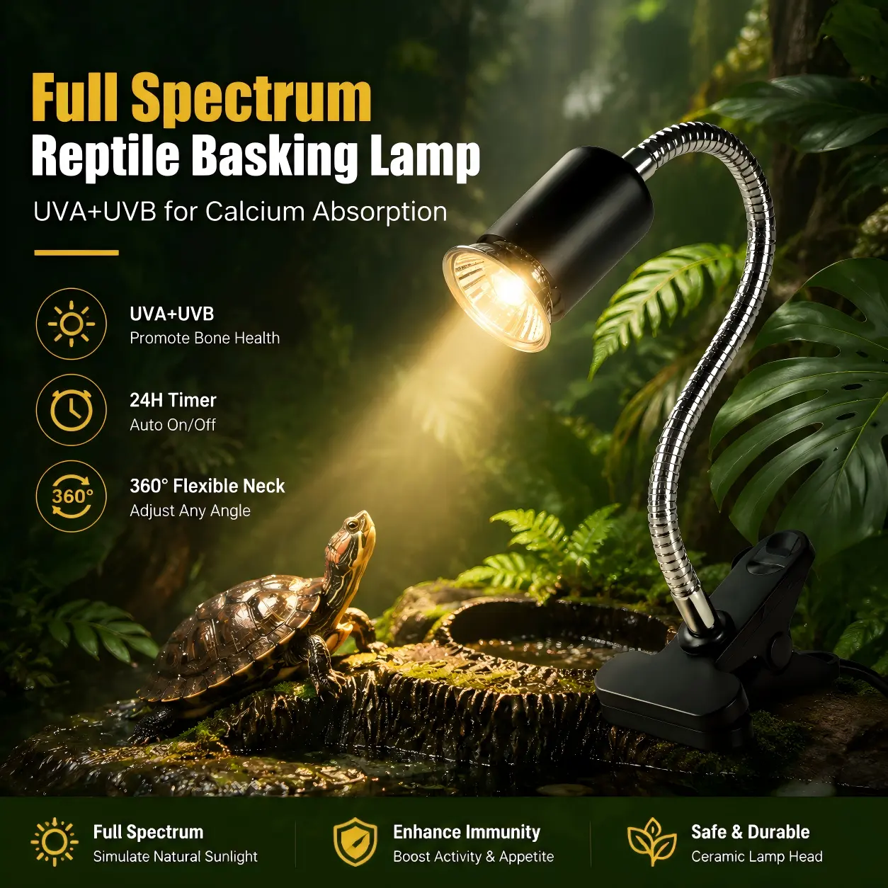 Reptile Full Spectrum UVA UVB Basking Lamp, 360° Rotatable Metal Gooseneck Clamp, Ceramic Heat-Resistant E27 Socket, 25W/50W Dimmable Bulb with 2/4/8H Timer for Tortoises, Snakes, Bearded Dragons, Frogs