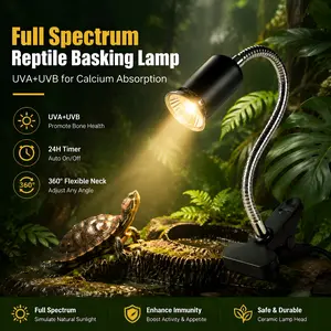Turtle Basking Lamp Full Spectrum UVA UVB Heat Light 360° Metal Gooseneck Clamp Ceramic Heat Resistant Socket 25W 50W E27 Bulb Dimmable 2 4 8H Timer for Reptiles