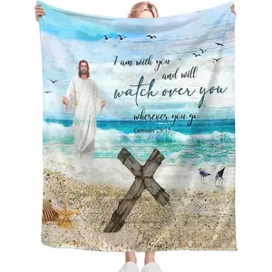 Christian Religious Jesus Throw Blanket Ocean Beach Gifts for Women Men Girls Boys Kids Adults Soft Flannel Fleece Blanket for Couch Sofa Bed Home Decor 40"x50", Cozy All-Season Blanket Christmas New Year Gift