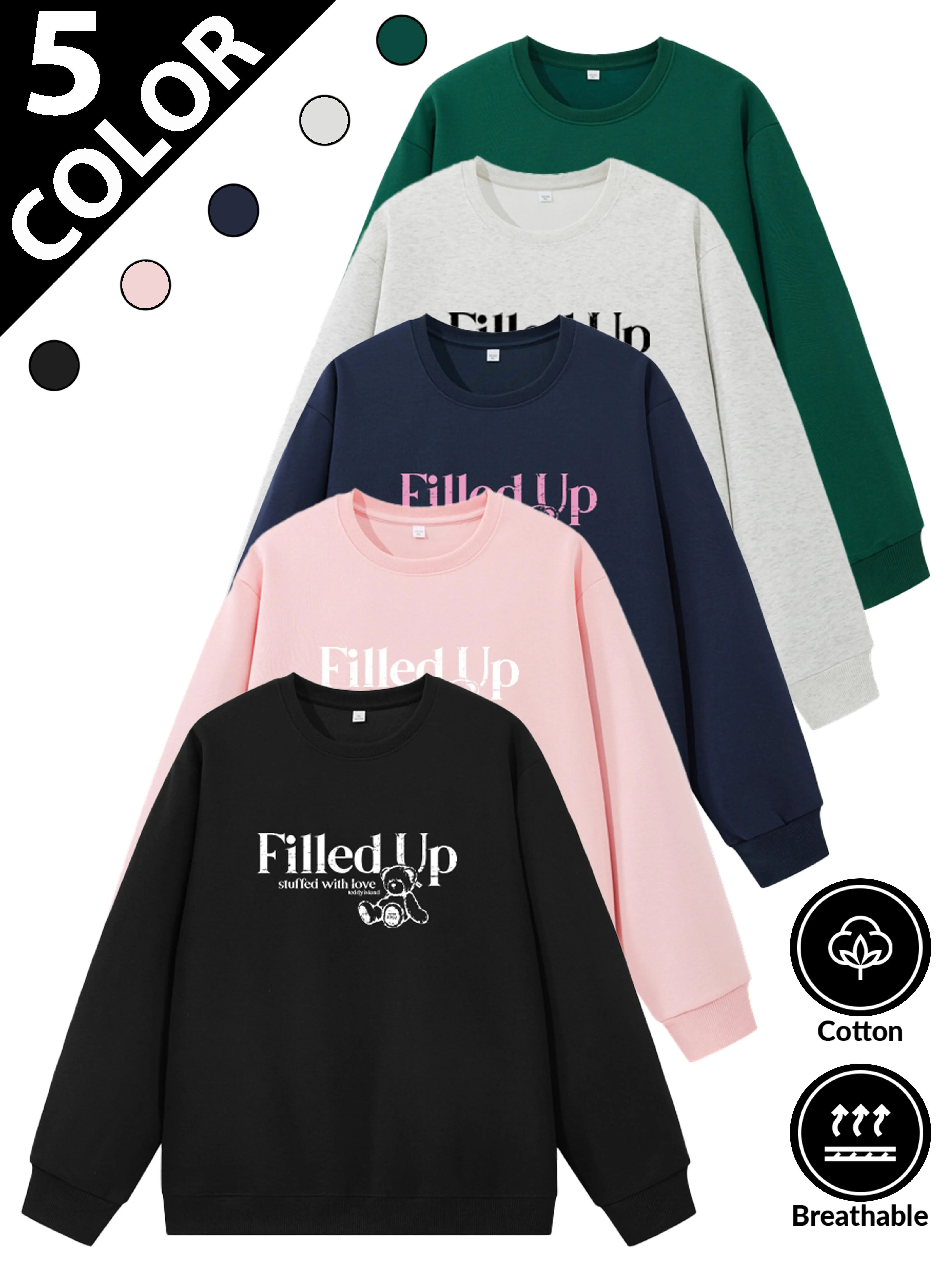 Fabric composition: 54.4% cotton and 45.6% polyester,2026 Teddy Island Long Sleeve Sweatshirt, solid color crew neck casual sports top available in plus sizes, trendy unisex couple style. combining cotton’s soft skin-friendly touch and polyester’s wrinkl