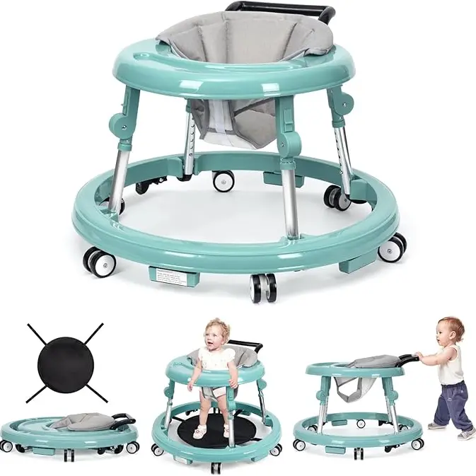 Anti-Fall Baby Walker for 7-18 Months Unisex, 9-Height-Adjustable Foldable Baby Furniture with Brake for Parking, Removable Wheels for Simple Cleaning, Portable Wheels, Anti-Rollover,ABS PP Aluminum Construction, Folds Flat for Travel,blackfriday,gift