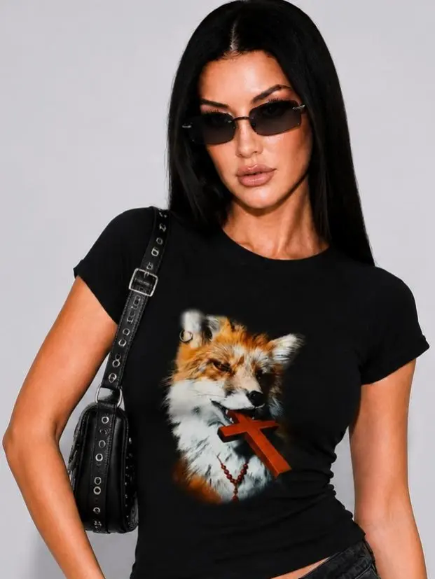 Dark Gothic Pierced Fox Cross Crop Top  Punk Rosary Fox Print Polyester Slim Ribbed Baby Tee  Y2K Alt Wildlife Aesthetic Women’s Cropped Graphic Shirt