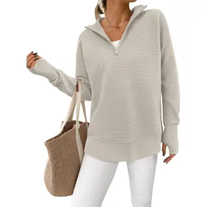 Womens Long Sleeve Quarter Zip Pullover Sweater Casual Loose V Neck Collared Ribbed Knit Jumper Tops Thumb Hole