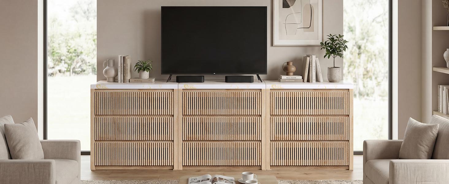 Sikaic 31.5” Wide Oversized Fluted Nightstand, Slatted 27.6”Tall Night Stands, Extra Large Wood Bedside Table, 3 Drawers, Mid-Century Modern End Table Bedroom, Living Room, Thickened