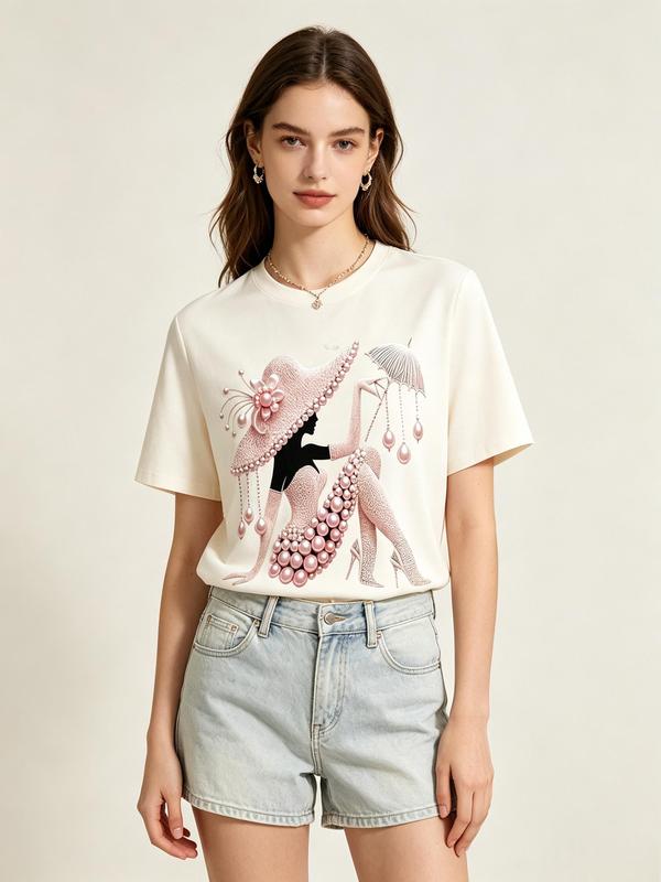 Women's Buttery Cotton Breathable Top - Retro Digital Print, Elegant Oversized Short-Sleeve, Crew Neck, Artful Vintage Look, Chic Pearls Accent, Trendy Birthday Casual Everyday Wear