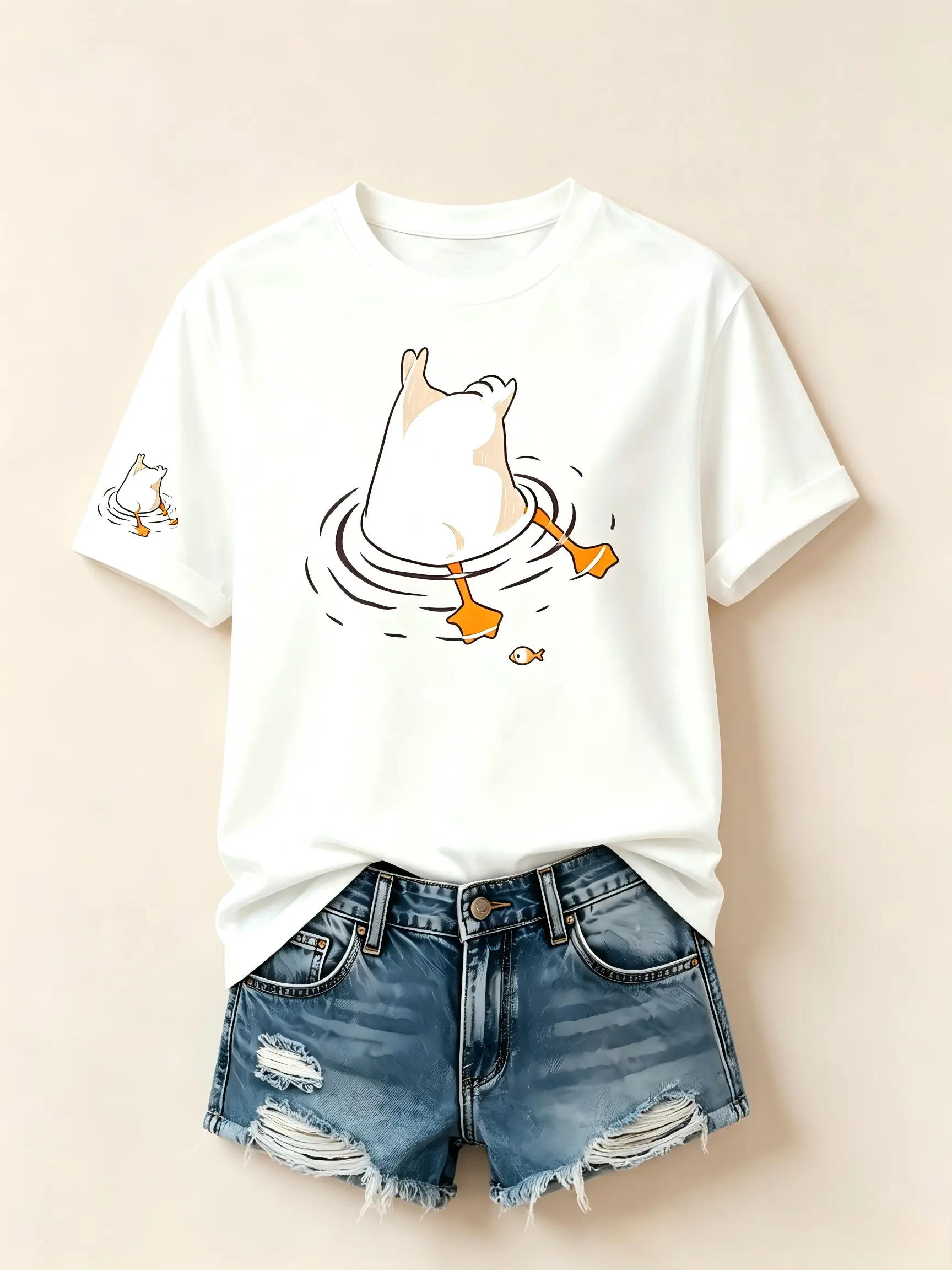 Funny Diving Duck Sleeve Print Pure Cotton Crewneck T-Shirt, Cute Cartoon Animal Casual Short Sleeve Top, Summer Daily Vacation Outfit