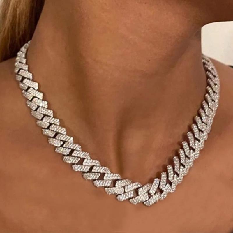 1PC lced Out Cuban Link Chain 12MM ProngRhombus Diamond Cuban Chain Hip HopChoker Necklaces Women Men Jewelry