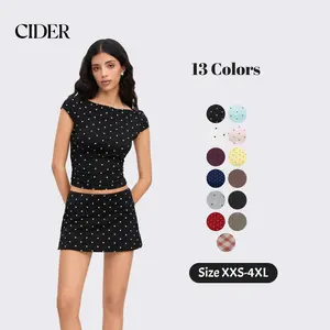 Cider Cotton-blend Boat Neck Polka Dot Ruched Tee & Mini Skort Cider Cotton-blend Boat Neck Polka Dot Ruched Tee & Mini Skort