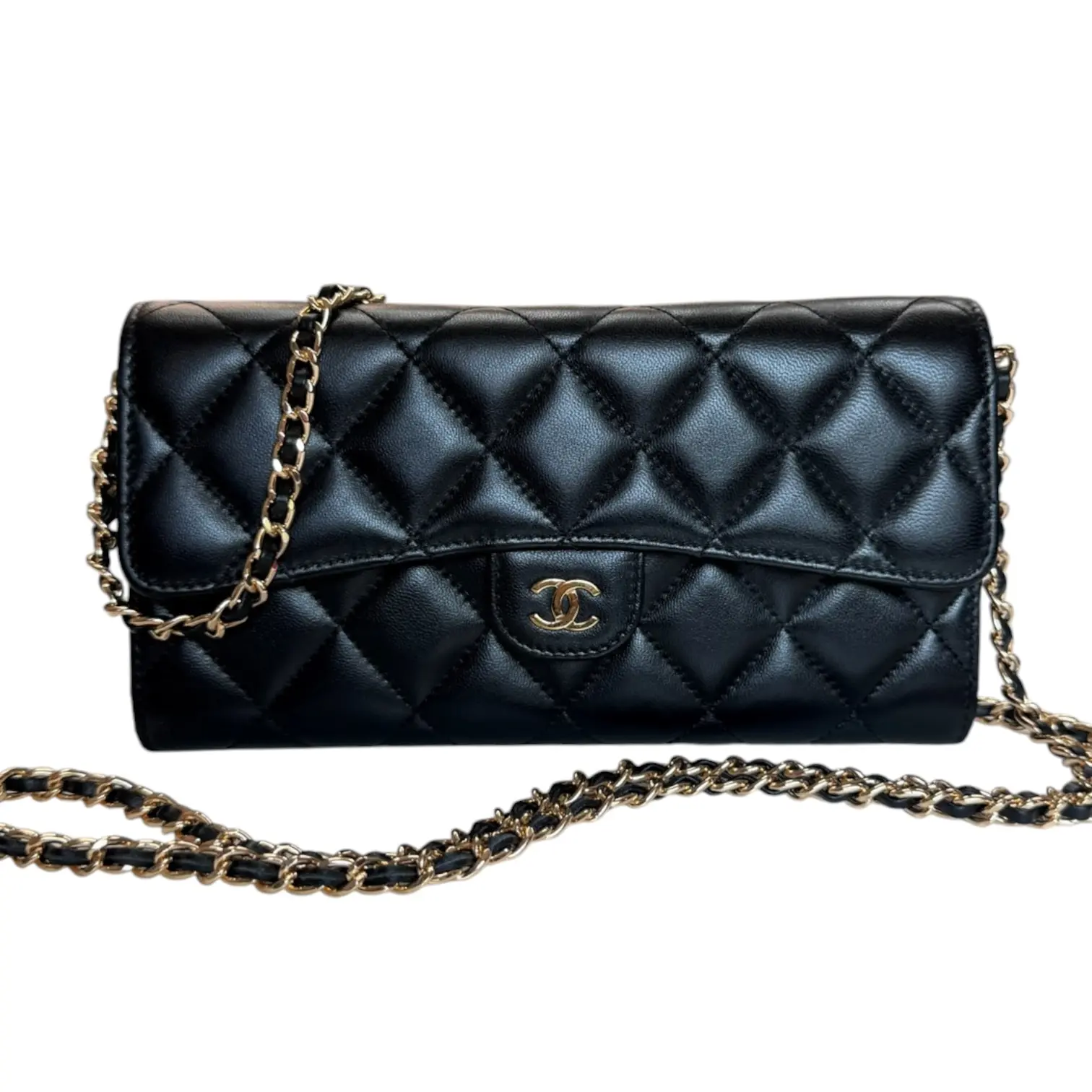 Pre-owned CHANEL lambskin Crossbody Bags Black GHW Classic Flap Gusseted Wallet with added Chain FULL SET