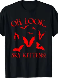 Humorous Bat Lover Gothic Horror Theme T-shirt for Men and Women Sky Kitty Slogan with Red Bat Silhouette 100% Loose-fit Short-sleeve Crew Neck Shirt Unisex Casual Wear and Halloween Party Outfit 2026 Summer Pure Cotton Top Womenswear