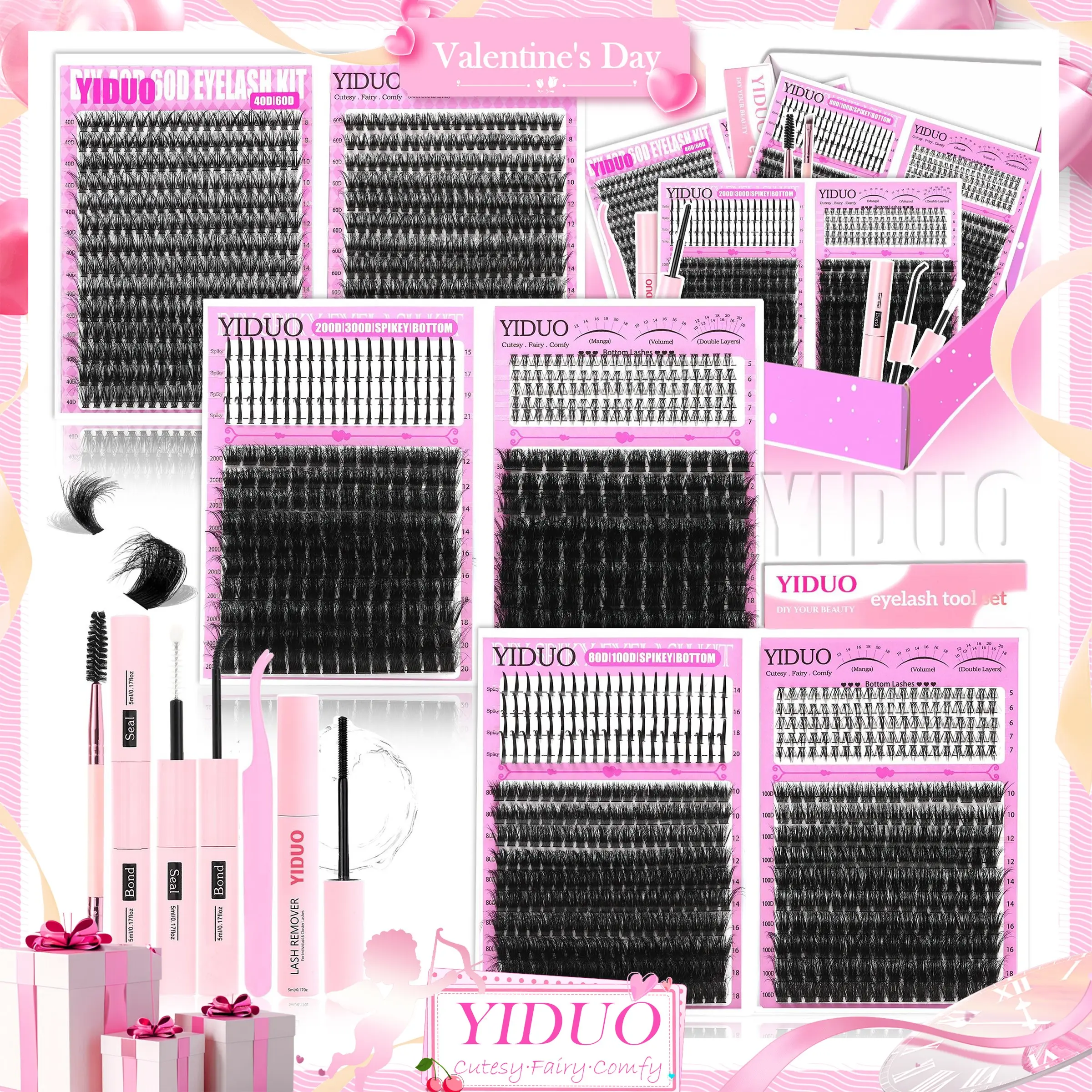 YIDUO 8 Styles DIY Volume Lash Clusters Eyelash Set, Eyelash Extensions 40D/60D/80D 1440Pcs With Lash Bond and Seal, Lash Remover, Lash Tweezers, Eyelash Brush, Voluminous False Eyelashes, Volumized False Eyelashes