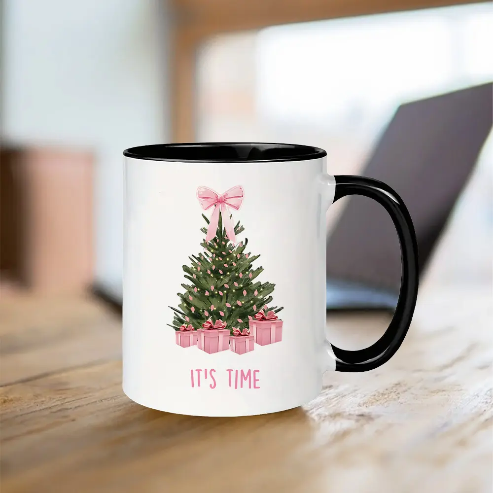 Pink Bow Christmas Tree Coffee Mug 11oz Ceramic Cup Xmas Holiday Decor Gift For Women Home Daily Use