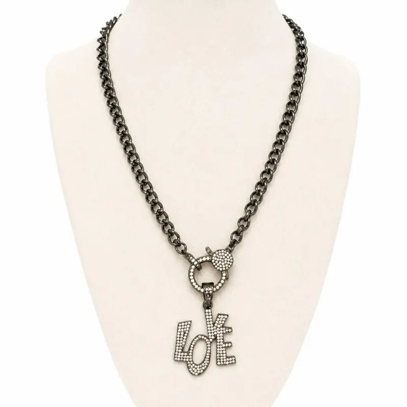Hematite LOVE Pendant Necklace with CZ Clasp
