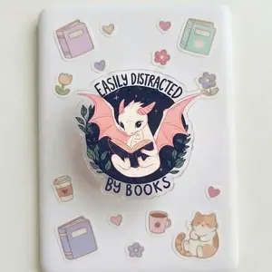 Magnetic Phone Grip Fantasy Dragon Reader Kindleholder – "Easily Distracted By Books" Cute Animal Grip, Pastel Winged Dragon, Magneticphonegrips for Bookworms, Fantasy Gift