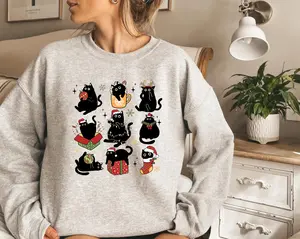 Christmas Black Cat Sweatshirt, Cute Merry Christmas Sweatshirt, Holiday Christmas Cat Lover Womens Tee, Cat Mom Xmas Family Gifts