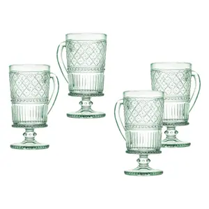 212 MAIN Unleaded Washable 12oz Embossed Textured Claro Glass Coffee Mugs with Footed Base, Green Kitchen Drinkware Set of 4