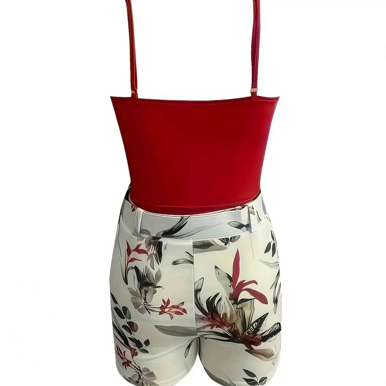 Women's V Neck Sleeveless Top & Plant Print Shorts Set with Belt, Summer Matching Set, Summer Tropical Floral Outfit, Perfect for Vacation, Beach and Casual Daily Wear, High Waist Fitted Design