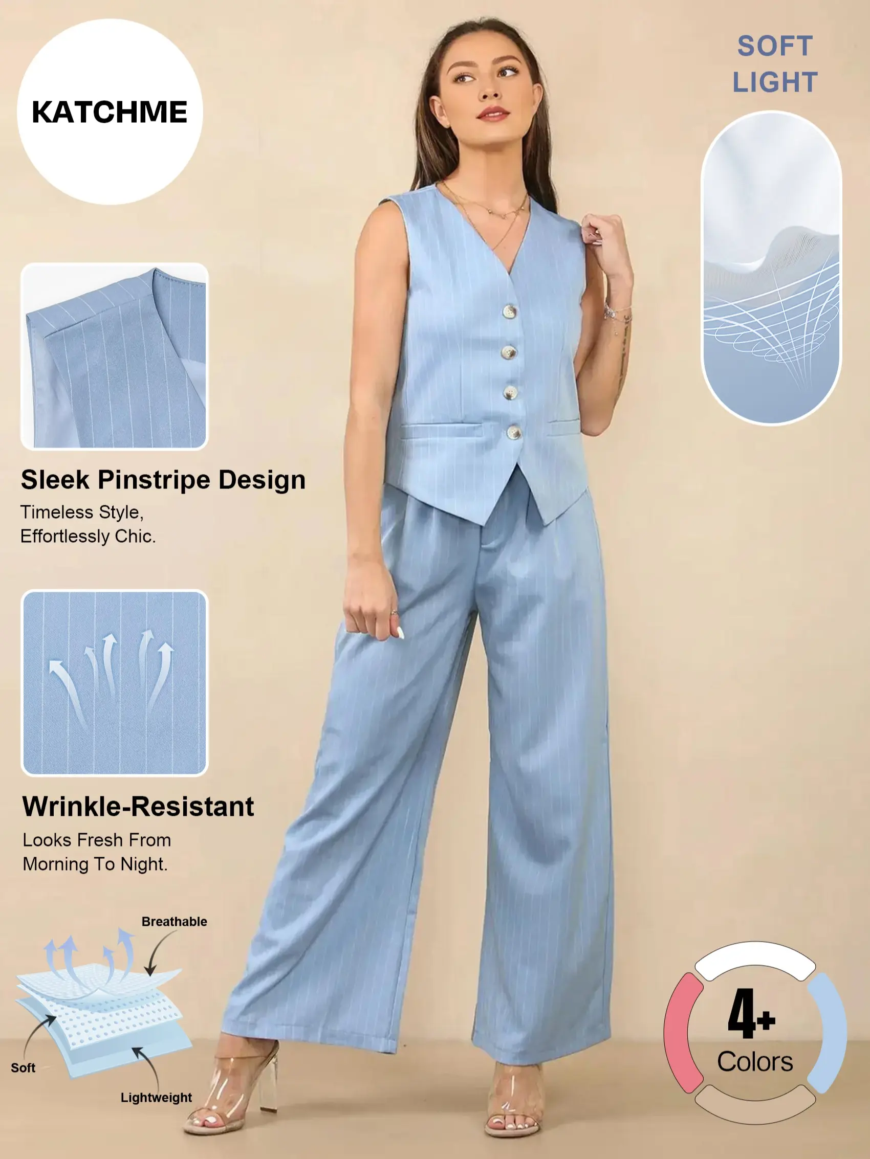 Katch Me Chic Women's Commuter Pinstripe V-Neck Button Tank Top & Wide Leg Trousers Co-ord, Versatile Durable Wrinkle-Resistant Two Piece Sets, Sleek Soft Outfits