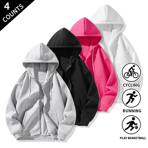 Men's 4-Pack Vintage Zip-Up Hoodies - Oversized Loose Skater Polyester Streetwear Clothing, Casual All-Seasons Male Athletic Sweatshirts Outerwear Basics (Men's Streetwear Core Male Clothing)