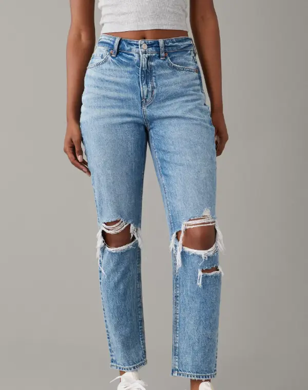 Women's Ripped Vintage Mom Jeans - Stretchy Denim-Cotton-Viscose Fitted Basic Pants with Pockets, Casual Leg Women's Clothes for Daily Wear