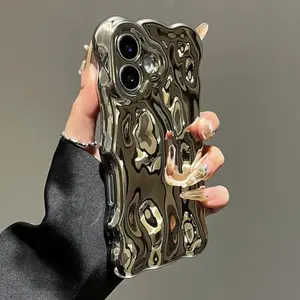Glossy Wrinkle Plating Wave Frame Phone Case for IPhone 16 15 11 12 13 14Pro Max Plus Meteorite Pattern Soft Silicone Anti-drop Shockproof Protective Cover