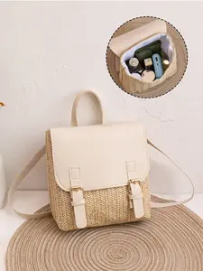 Flip-Top Daily Backpack, Women's Casual Bag & Wallet, Makeup Bag, Outdoor Large Capacity, Straw Woven, Magnetic Buckle, Lightweight, Stylish Casual Daypack