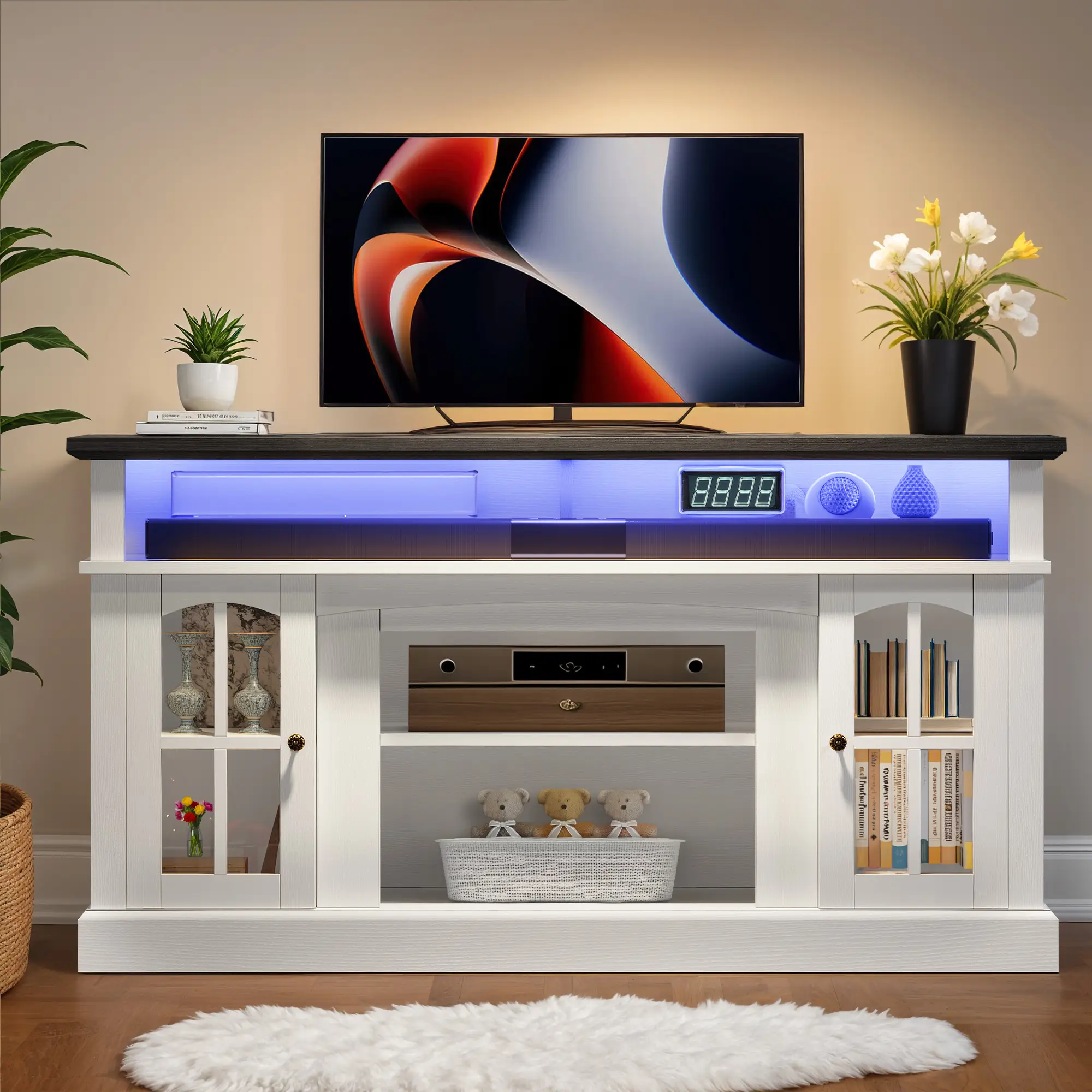 Yitahome LED Farmhouse TV Stand for TV up to 65 Inch w/Outlets, Highboy Media Entertainment Center Console Table Adjustable Storage Shelves&Cabinet Gl