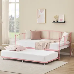 Space-Saving Twin Metal Daybed with Pullout Trundle - Sturdy Steel Slat Support - No Box Season Needed - Sofa Bed for Bedroom, Living Room, or Guest Room - Easy Assembly  Pink