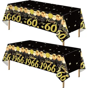 2pcs 60th Birthday Tablecloth, Black Gold 60th Birthday Decorations for Men Women Vintage 1966 Table Cloth Plastic Rectangular Table Cover Happy 60 Anniversary Party Supplies
